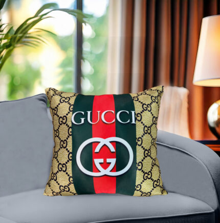Gold Color Cushion cover with Gucci Logo Print