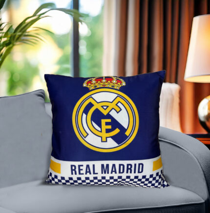 Blue Cushion Cover with Real Madrid Logo Print